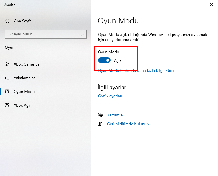 Windows 10 Oyun Modu